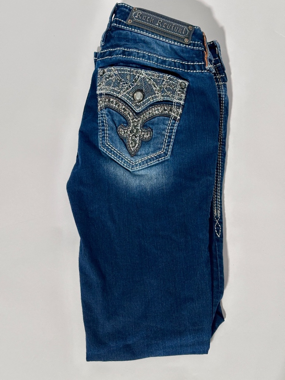 Rock Revival Women’s Skinny Jeans Size 28 Blue Wash Embellished Flap Pocket EUC